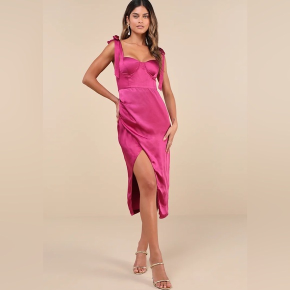 Lulus Dresses & Skirts - Lulu's Graceful Sophistication Magenta Pink Satin Bow Tie Straps Midi Dress M